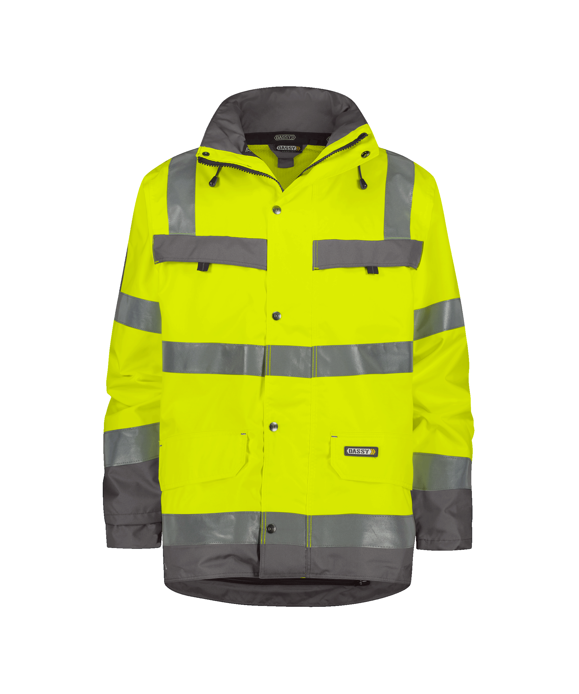 dassy atlantis high visibility waterproof parka fluo yellow cement grey front 