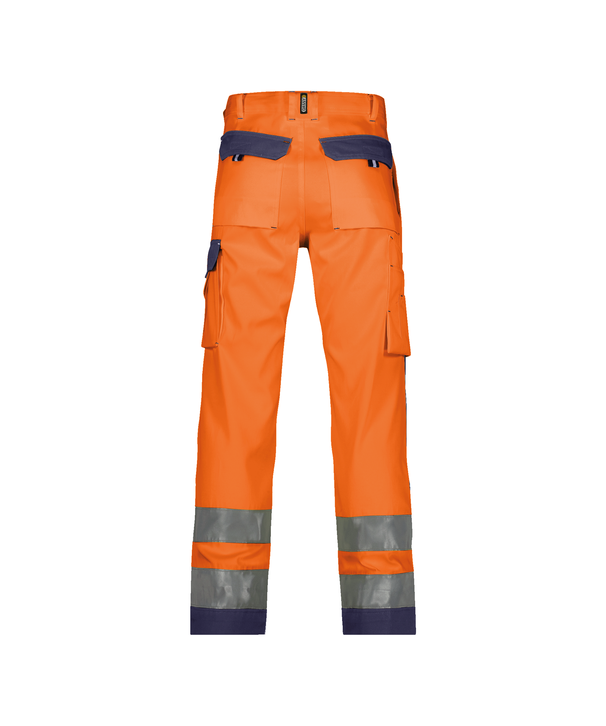 dassy buffalo high visibility work trousers with knee pockets fluo orange navy back 
