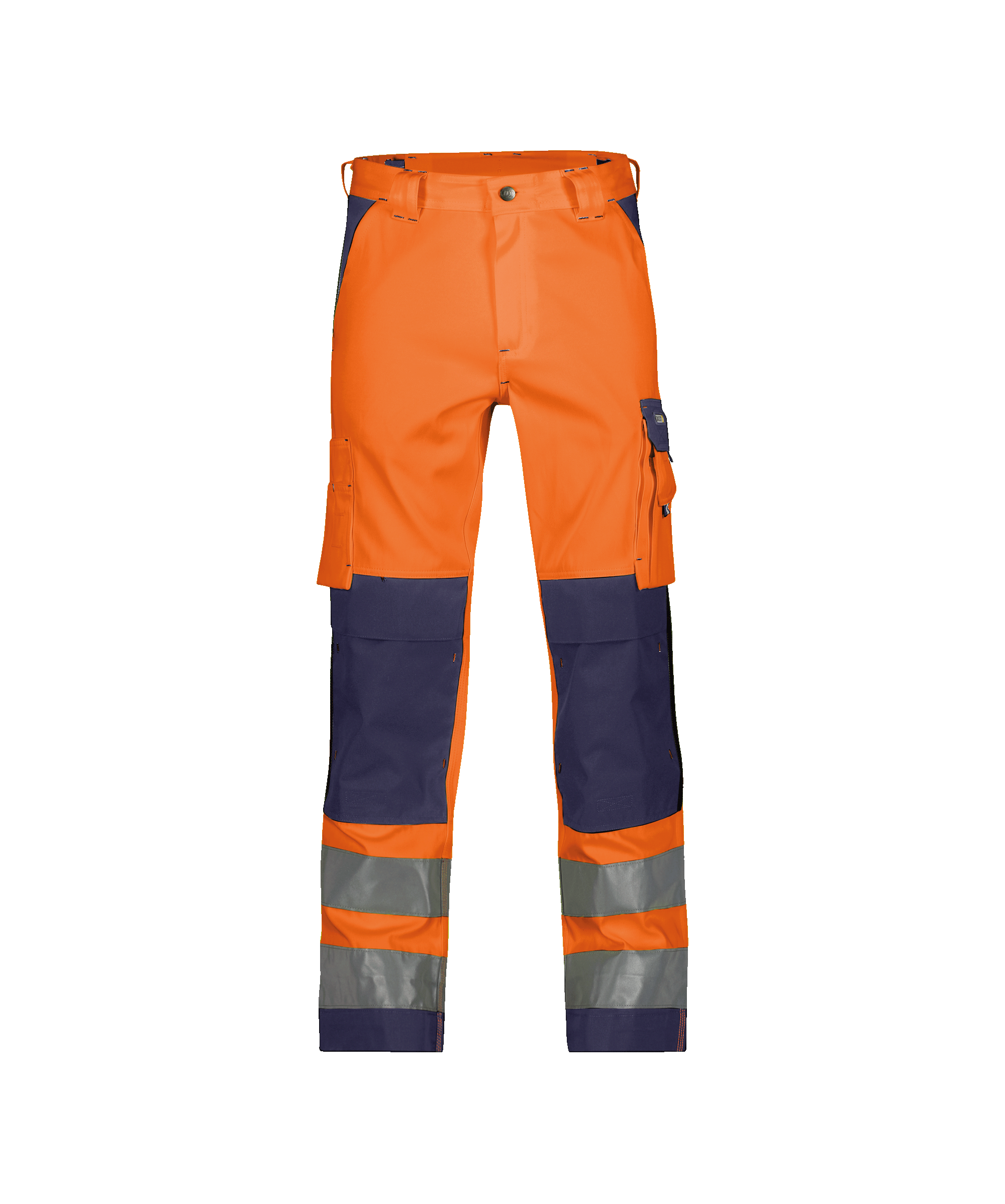 dassy buffalo high visibility work trousers with knee pockets fluo orange navy front 