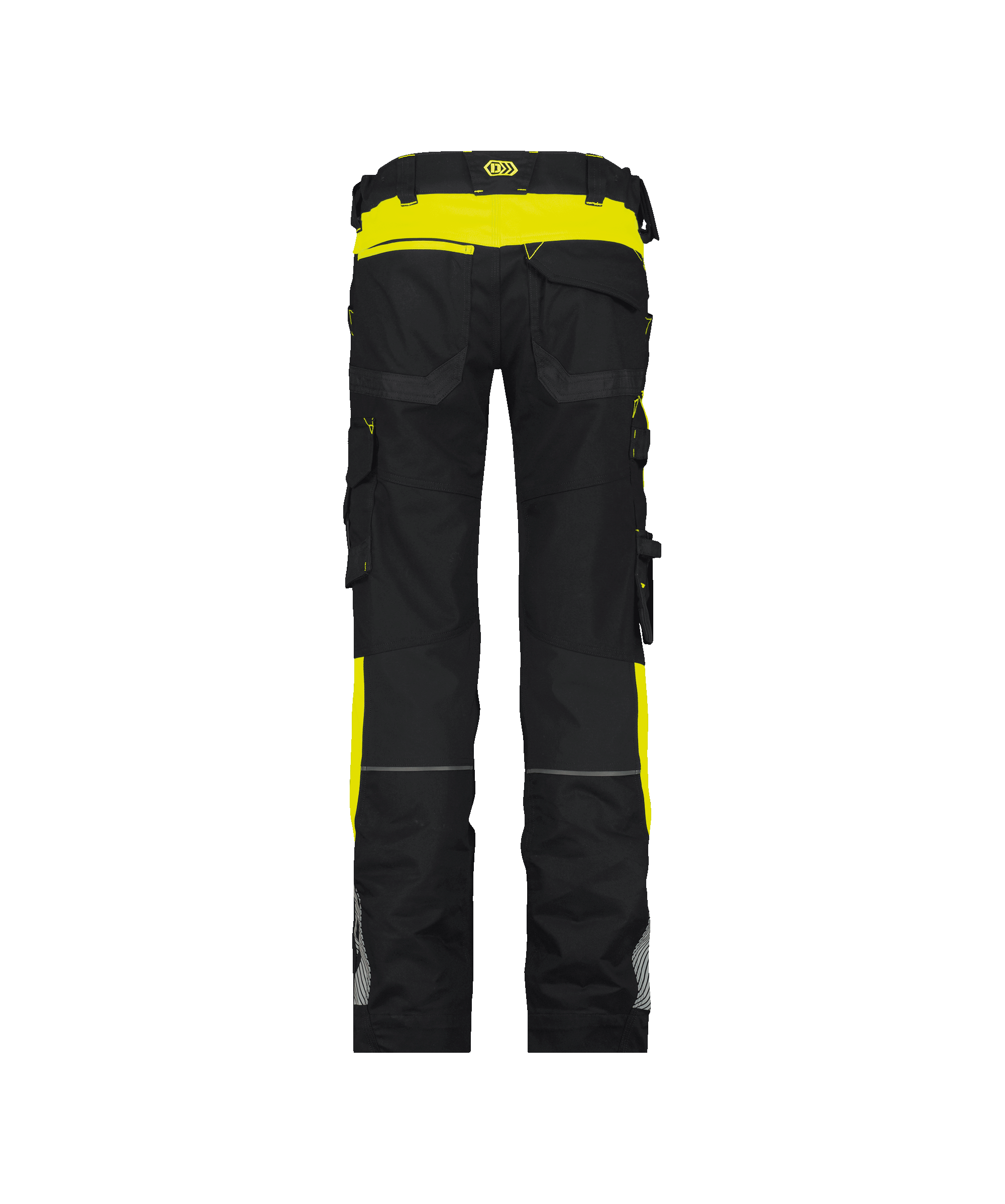 dassy canton women work trousers with stretch and knee pockets for women black fluo yellow back 