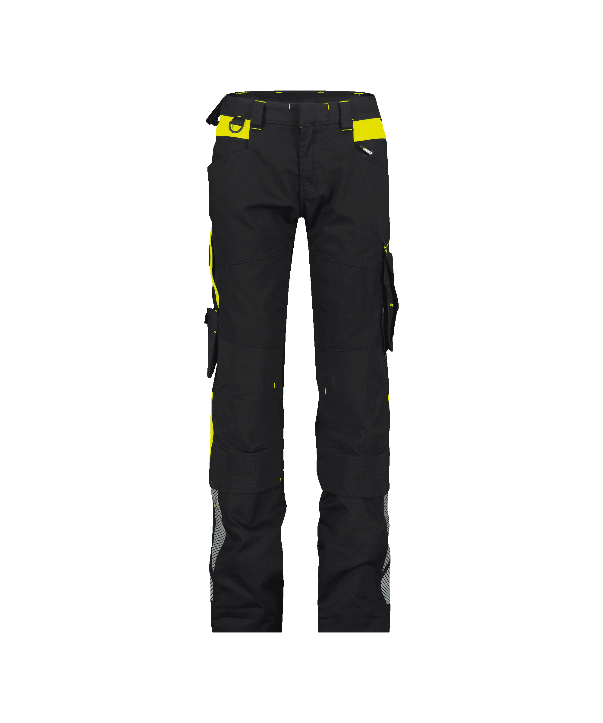dassy canton women work trousers with stretch and knee pockets for women black fluo yellow front 