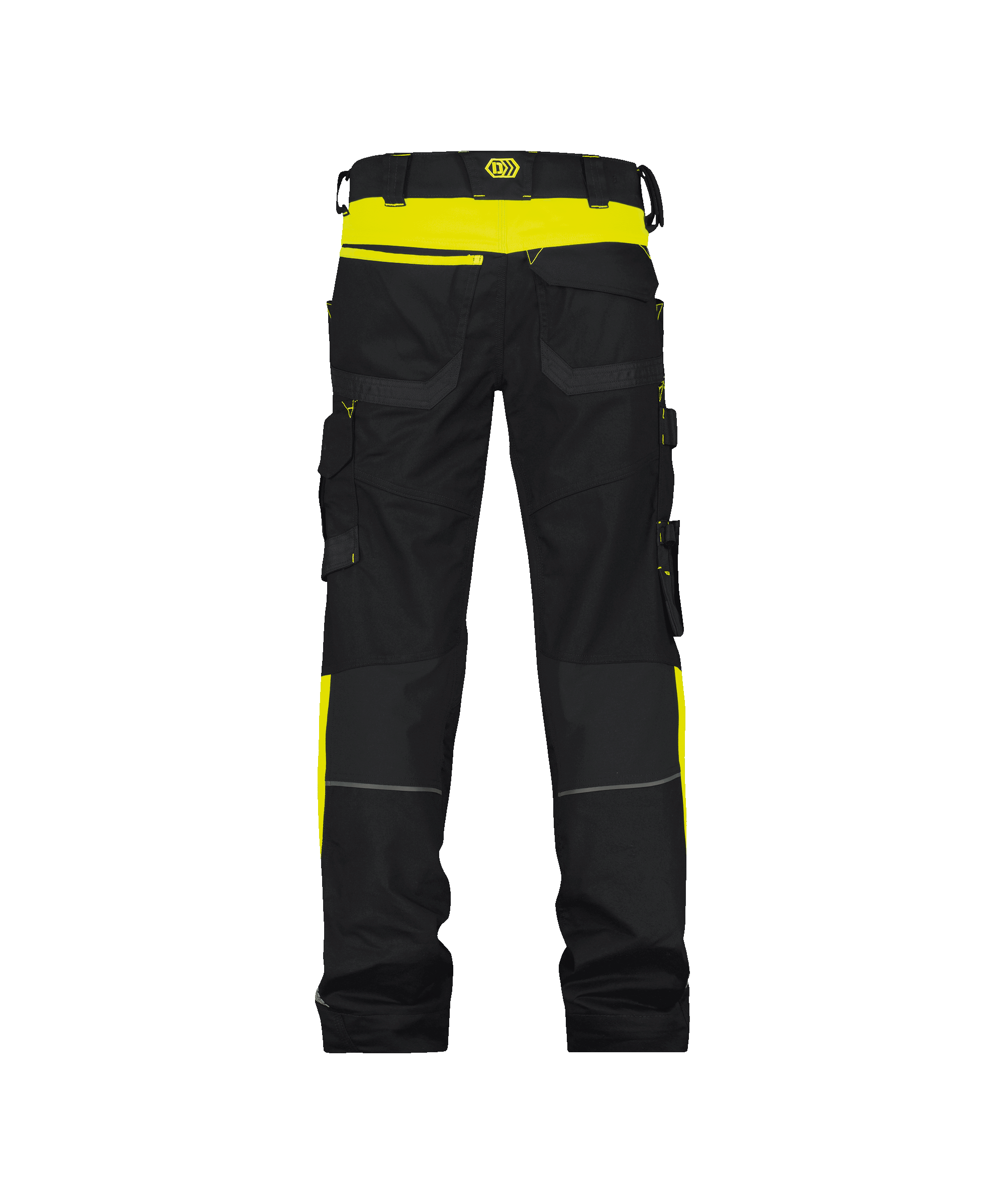 dassy canton work trousers with stretch and knee pockets black fluo yellow back 