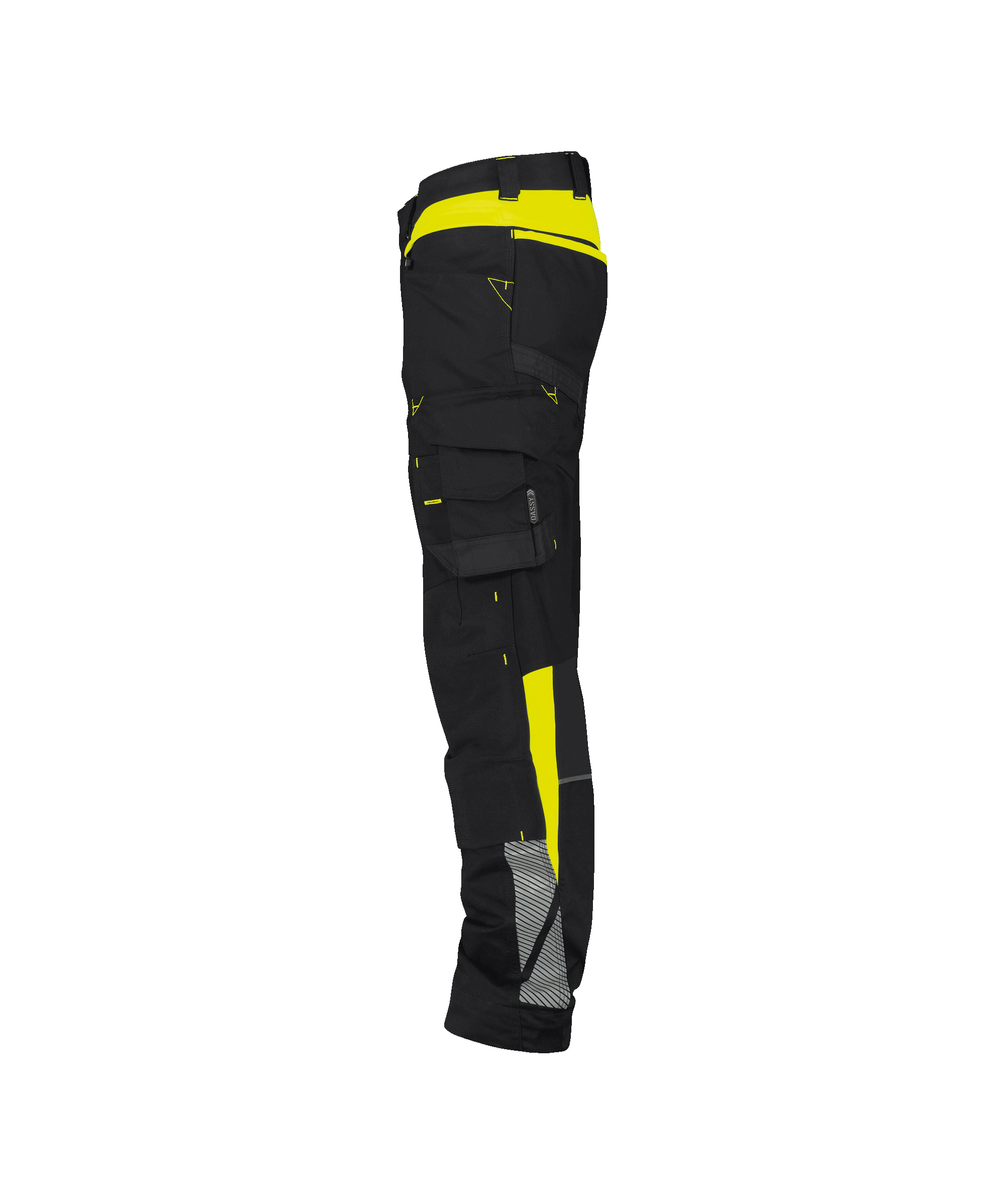 dassy canton work trousers with stretch and knee pockets black fluo yellow side 