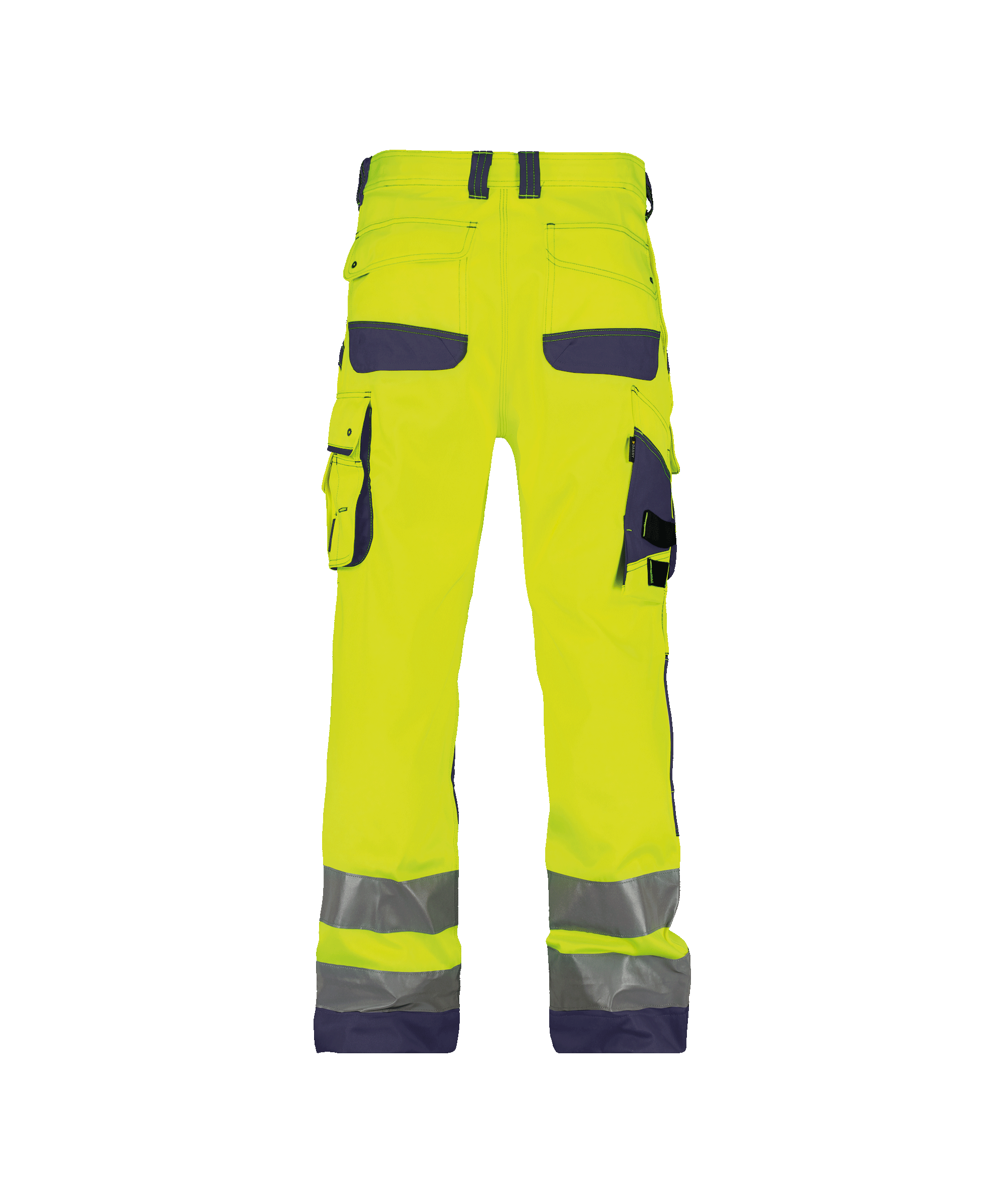 dassy chicago high visibility work trousers with knee pockets fluo yellow navy back 