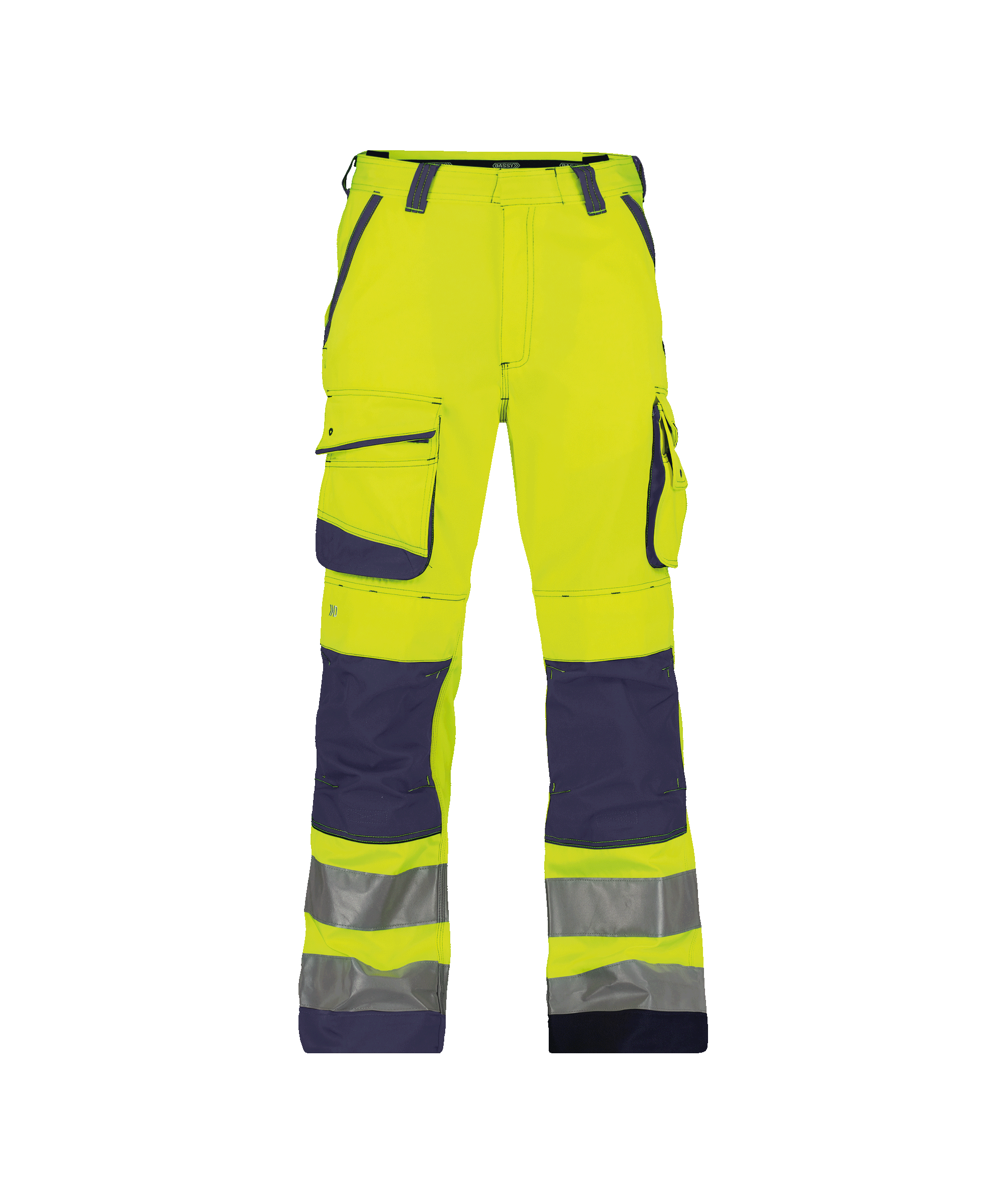 dassy chicago high visibility work trousers with knee pockets fluo yellow navy front 