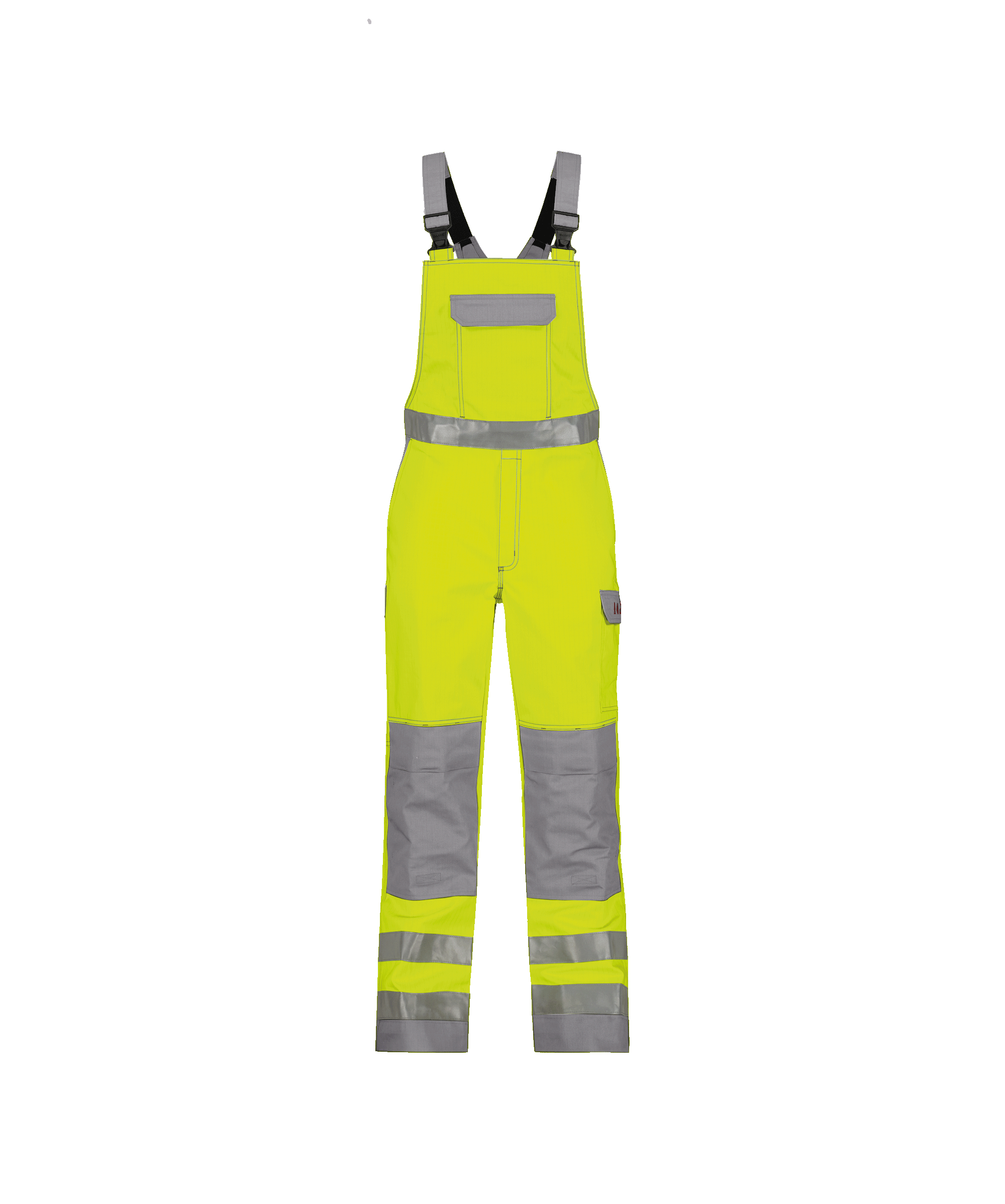 dassy colombia multinorm high visibility brace overall with knee pockets fluo yellow graphite grey front 