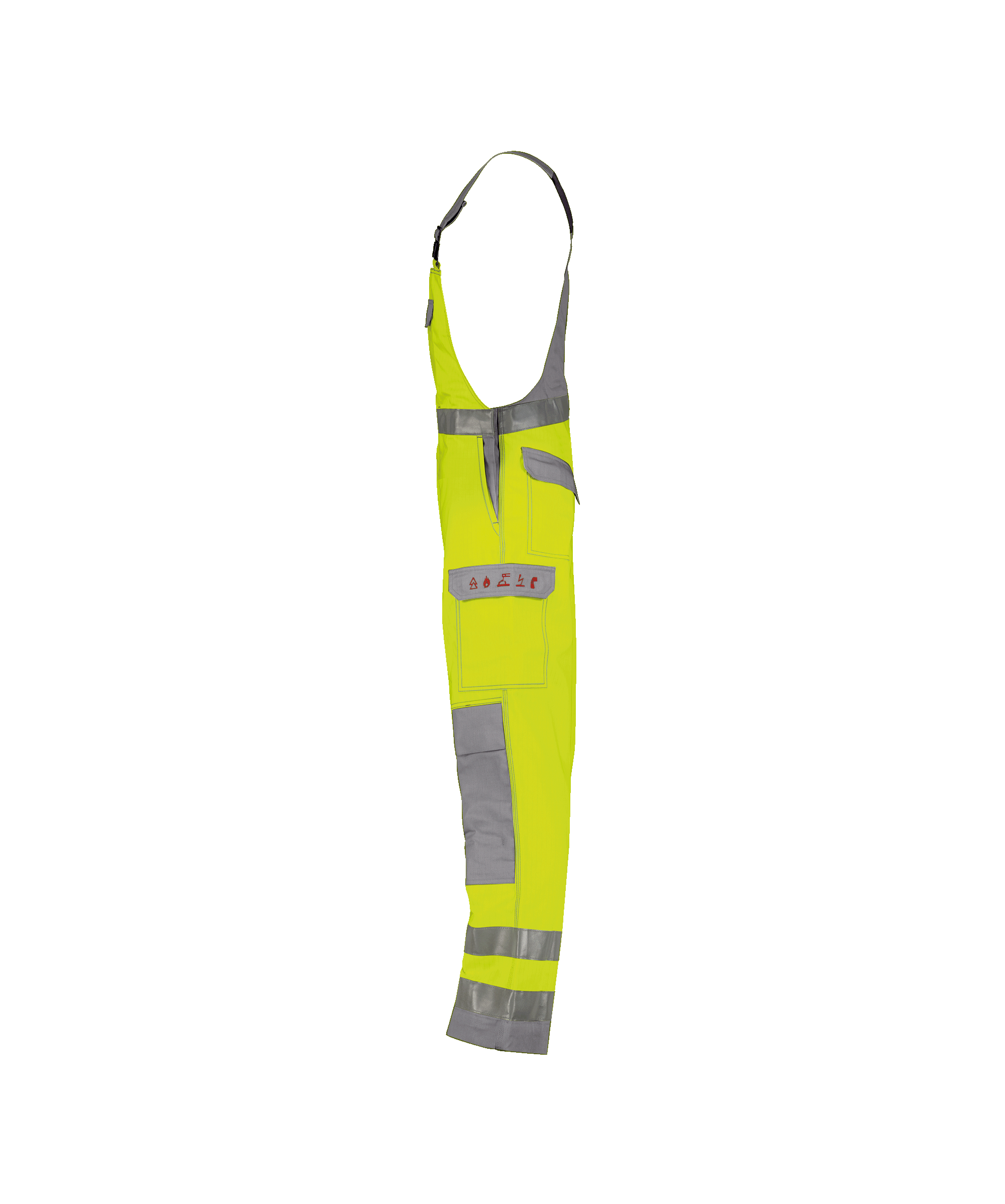 dassy colombia multinorm high visibility brace overall with knee pockets fluo yellow graphite grey side 