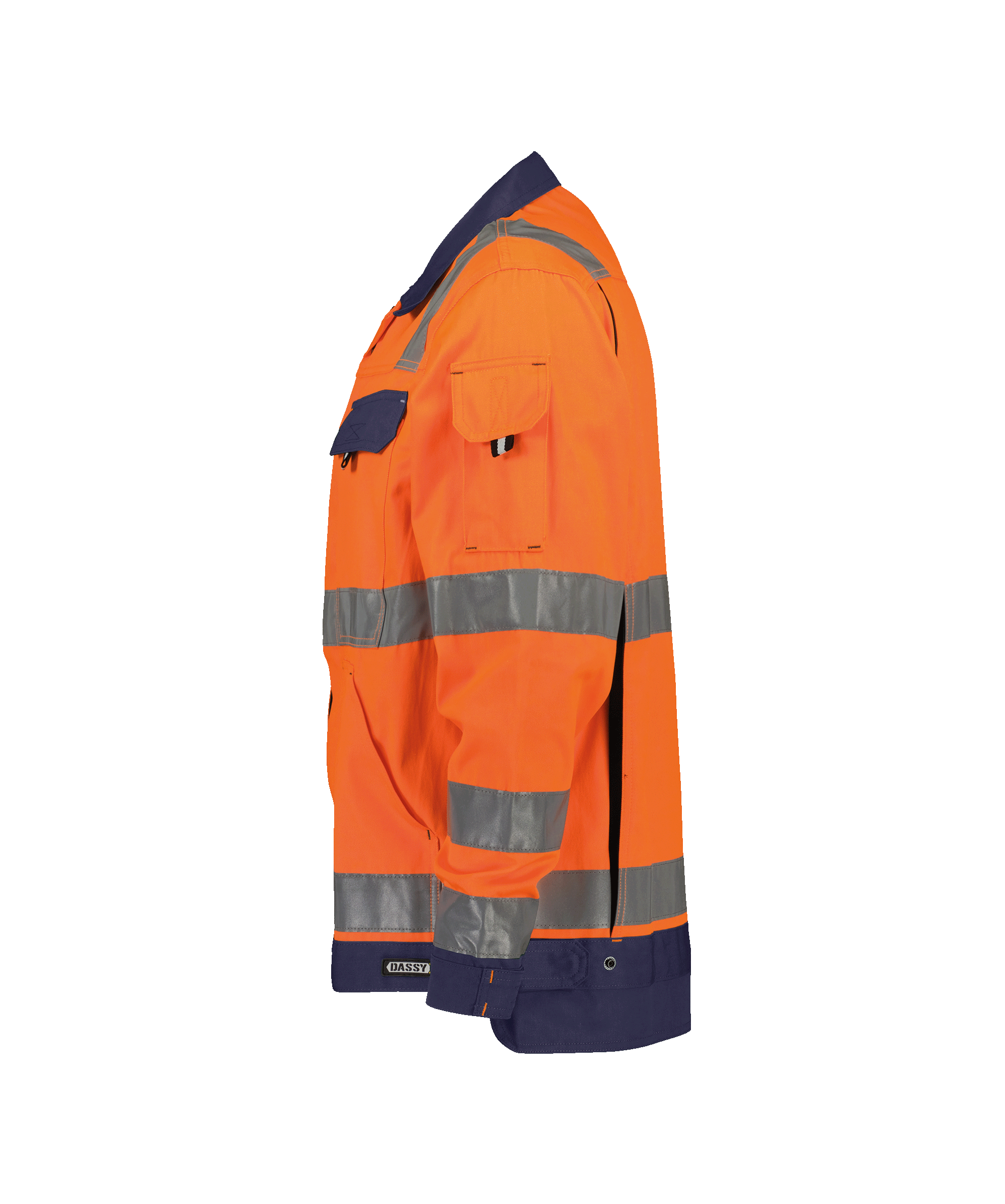 dassy dusseldorf high visibility work jacket fluo orange navy side 