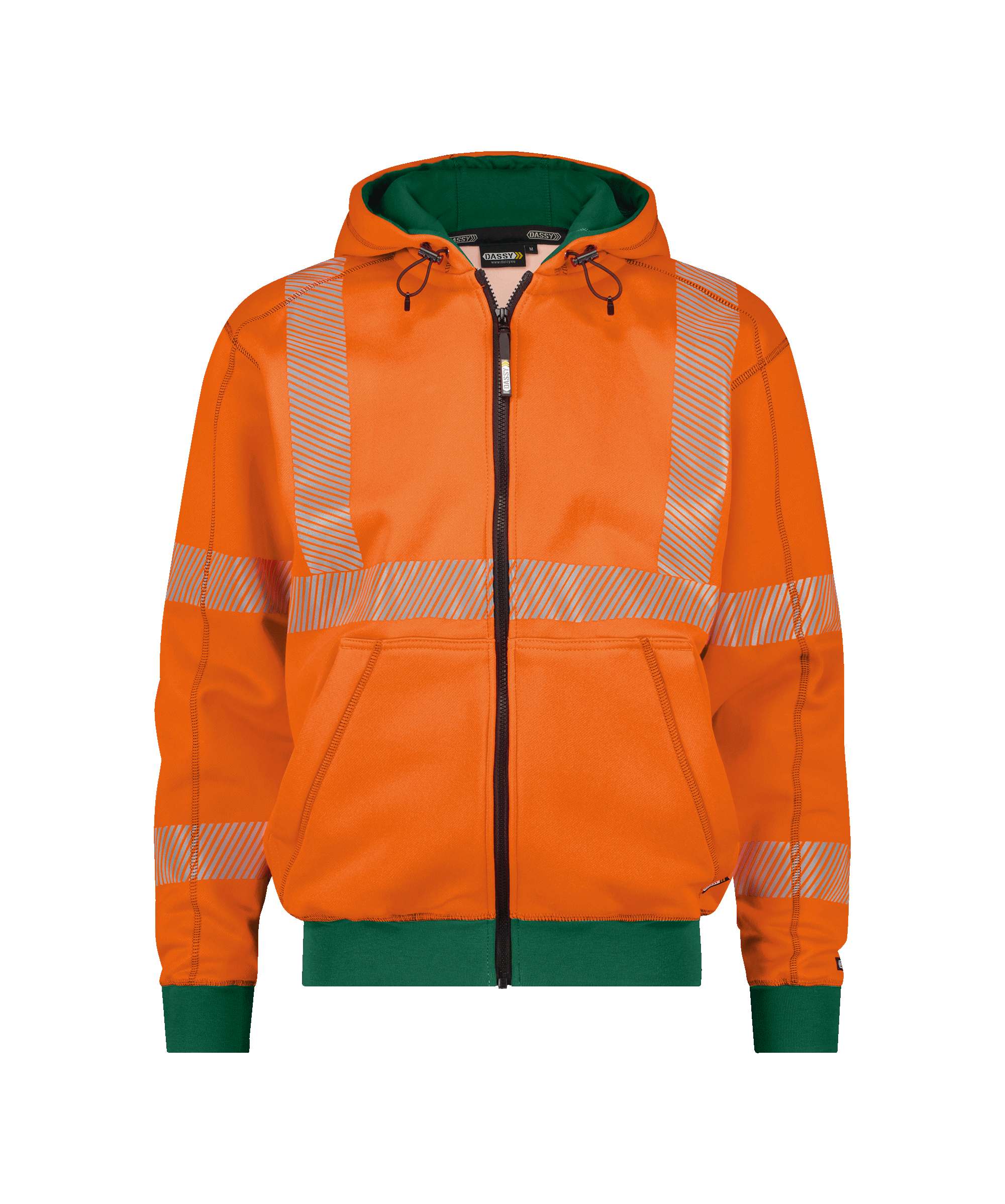dassy evans hooded high visibility sweatshirt fluo orange bottle green front 