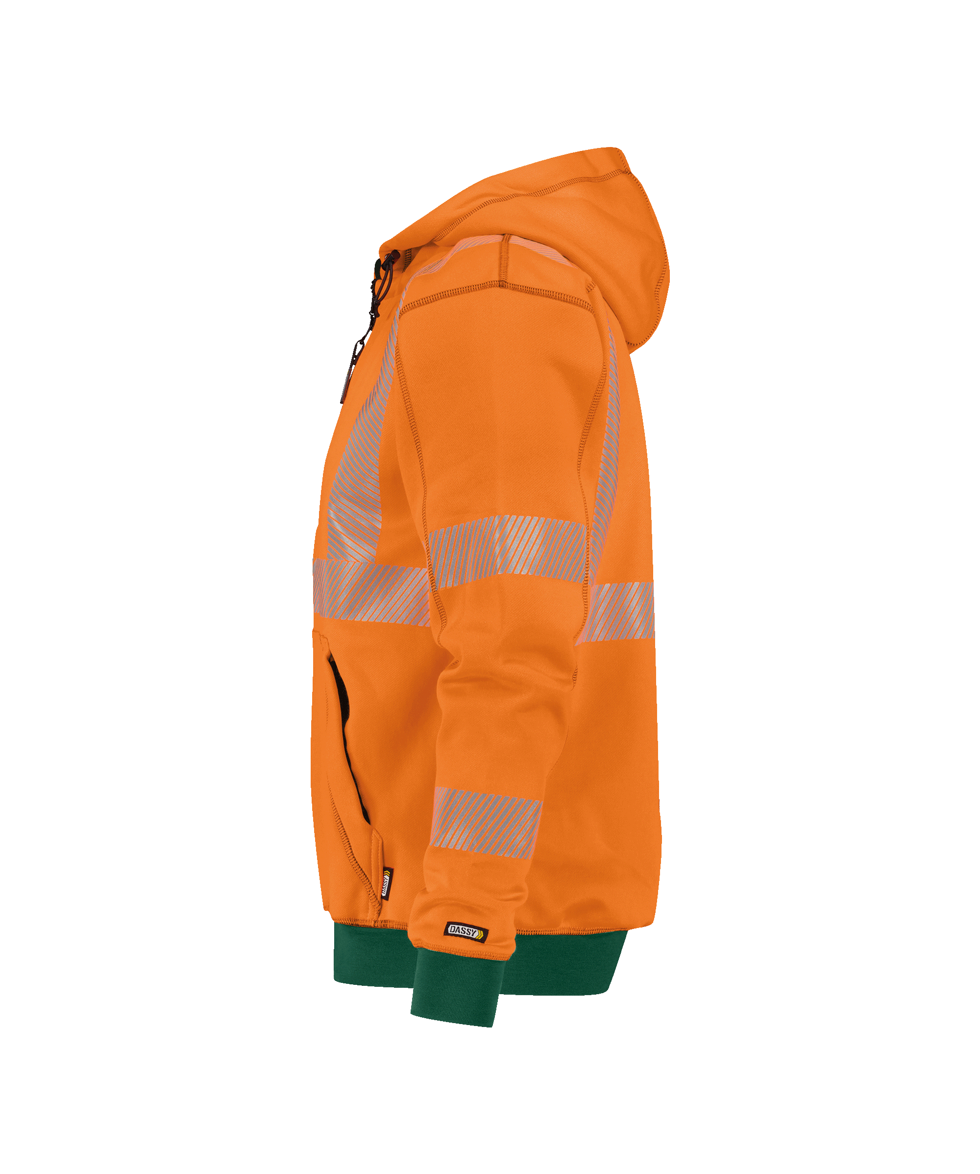 dassy evans hooded high visibility sweatshirt fluo orange bottle green side 