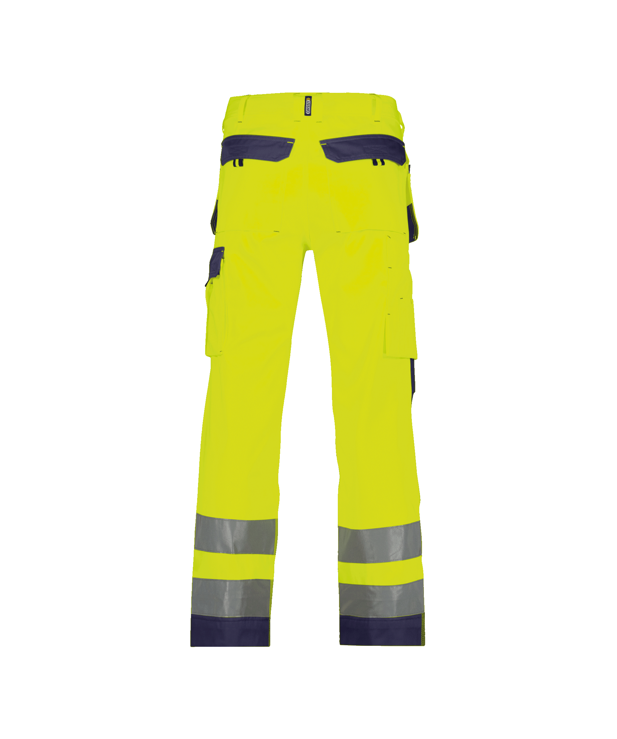 dassy glasgow high visibility trousers with holster pockets and knee pockets fluo yellow navy back 
