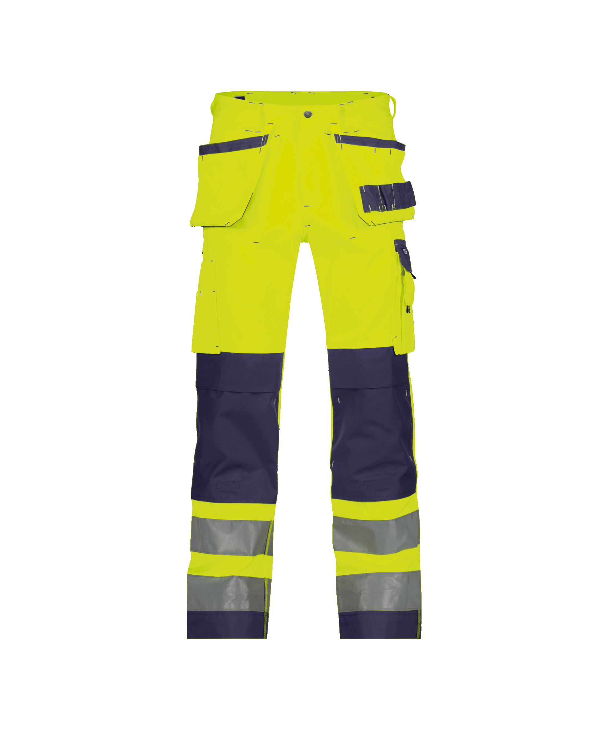 dassy glasgow high visibility trousers with holster pockets and knee pockets fluo yellow navy front 