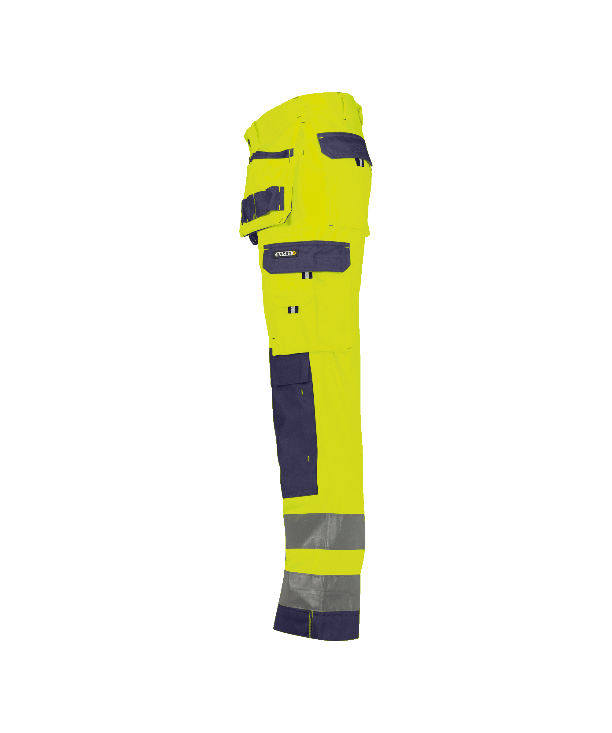 dassy glasgow high visibility trousers with holster pockets and knee pockets fluo yellow navy side 