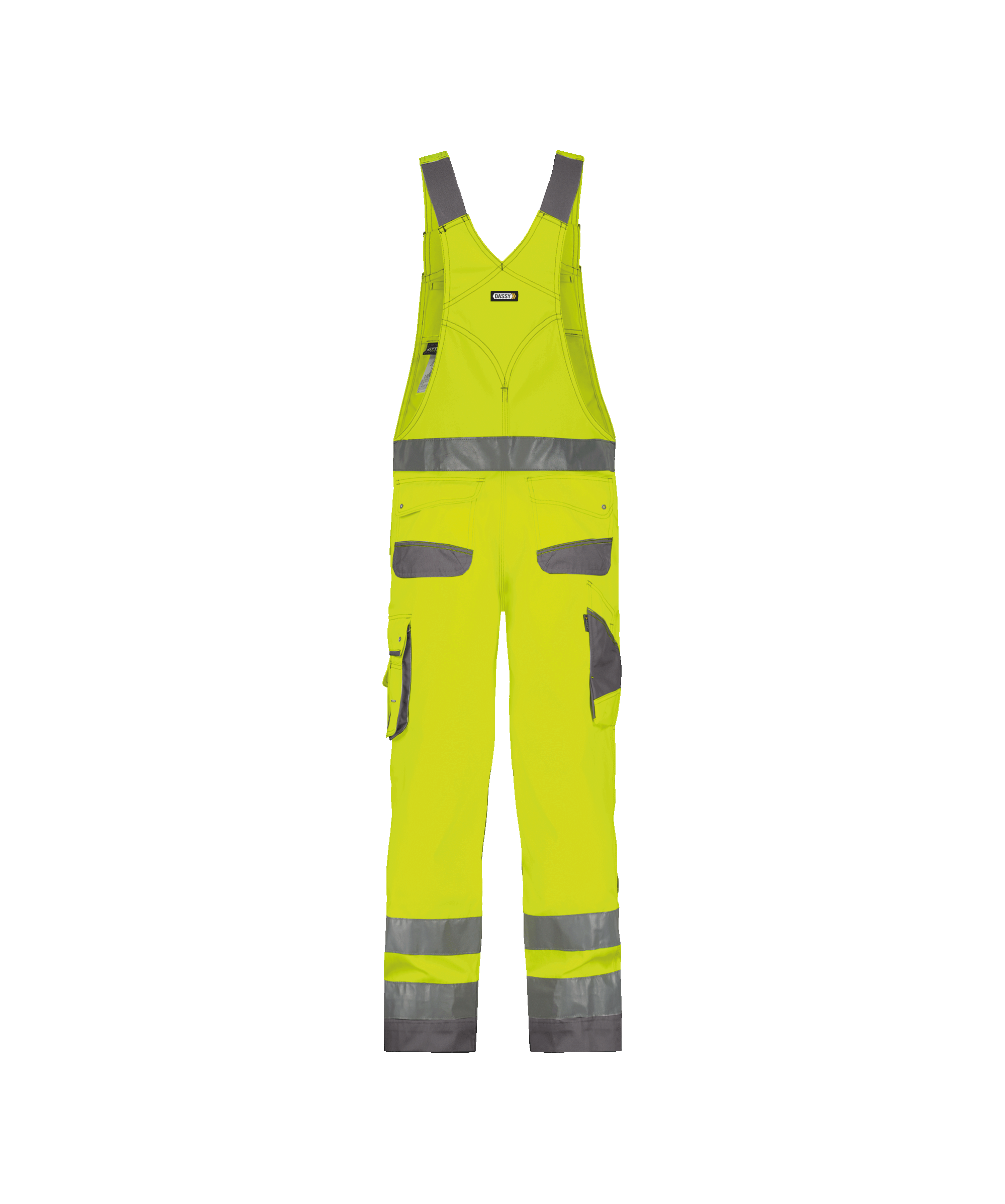 dassy malmedy high visibility brace overall with knee pockets fluo yellow cement grey back 