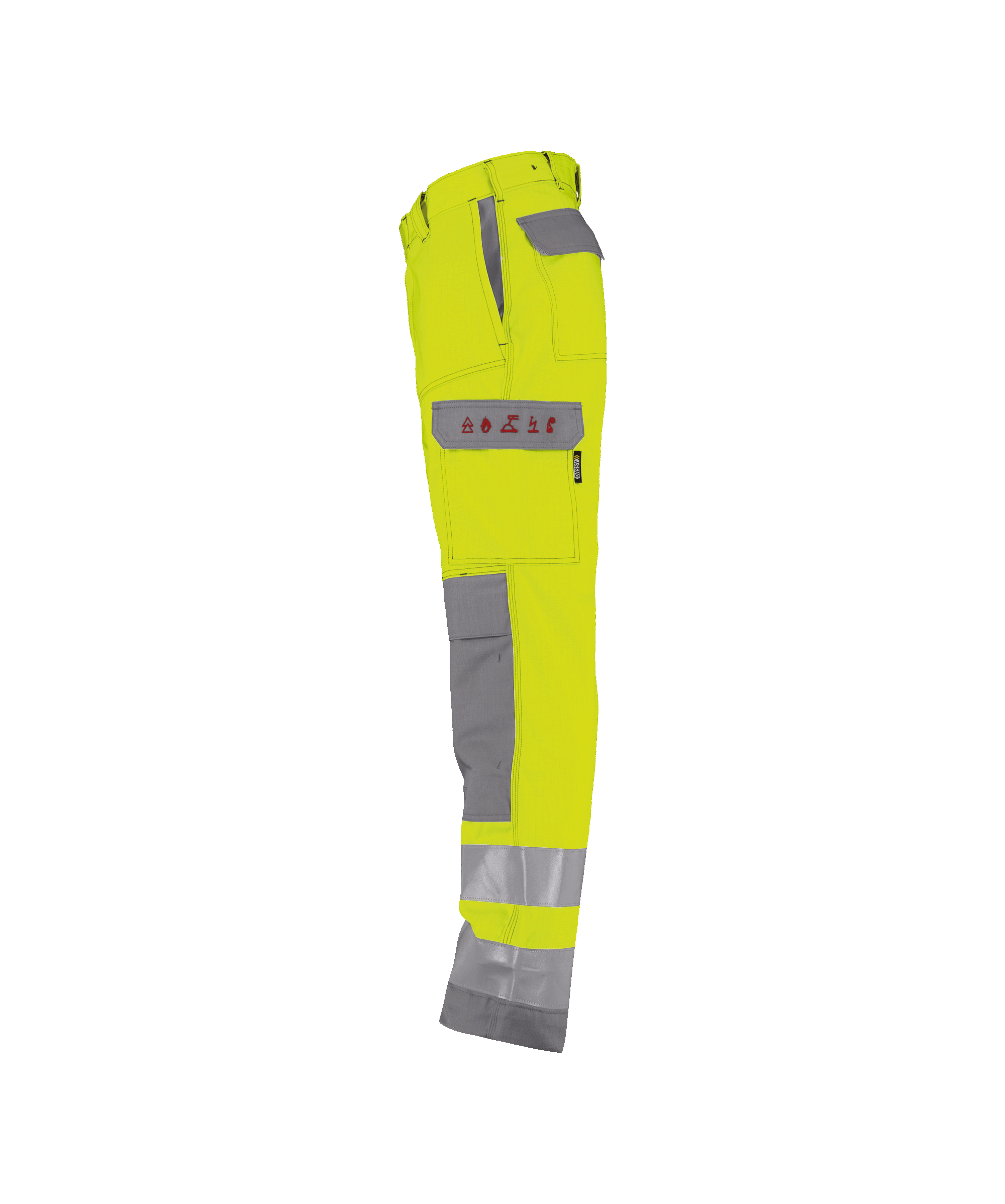 dassy manchester multinorm high visibility work trousers with knee pockets fluo yellow graphite grey side 