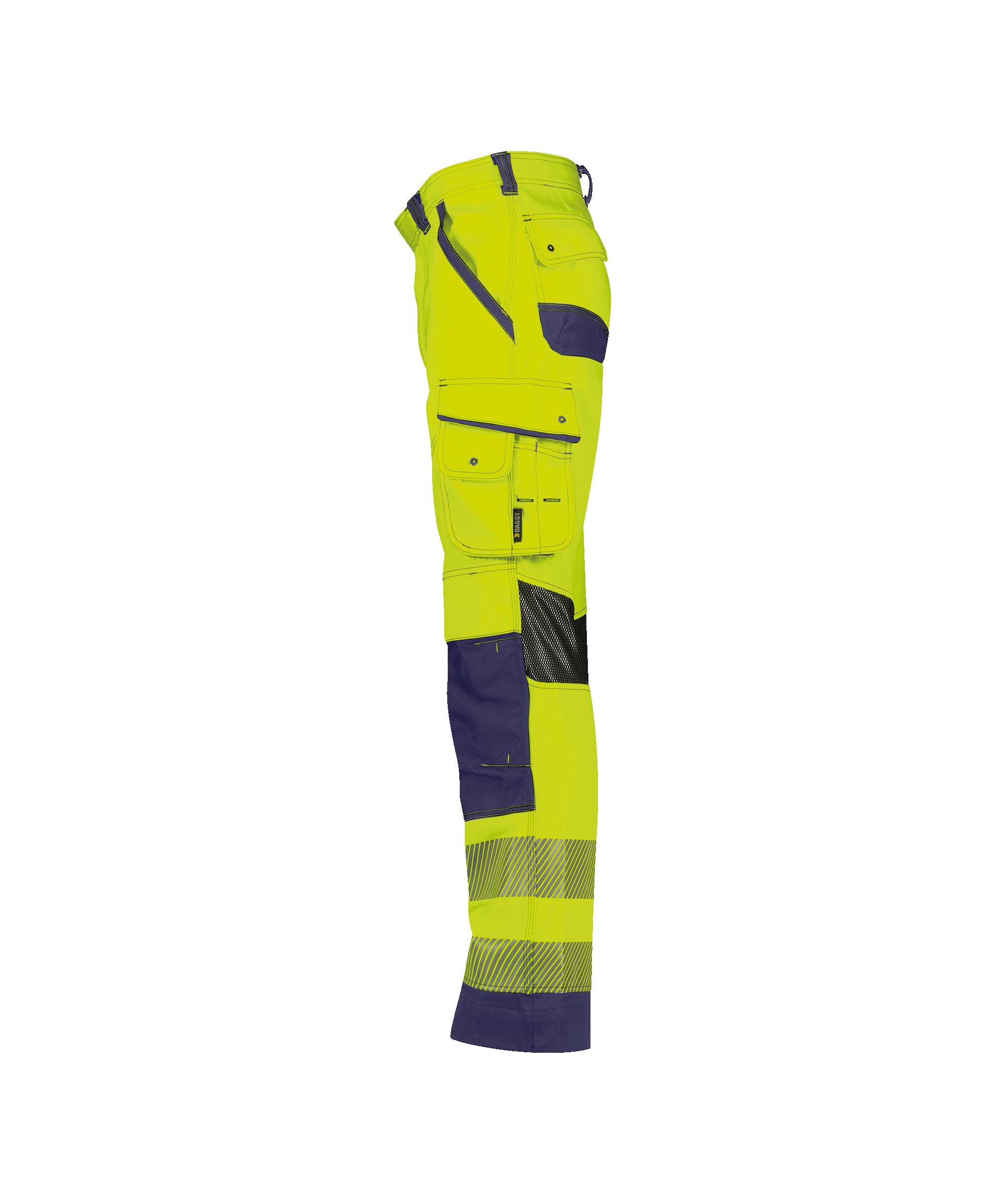 dassy odessa summer high visibility trousers with knee pockets fluo yellow navy side 