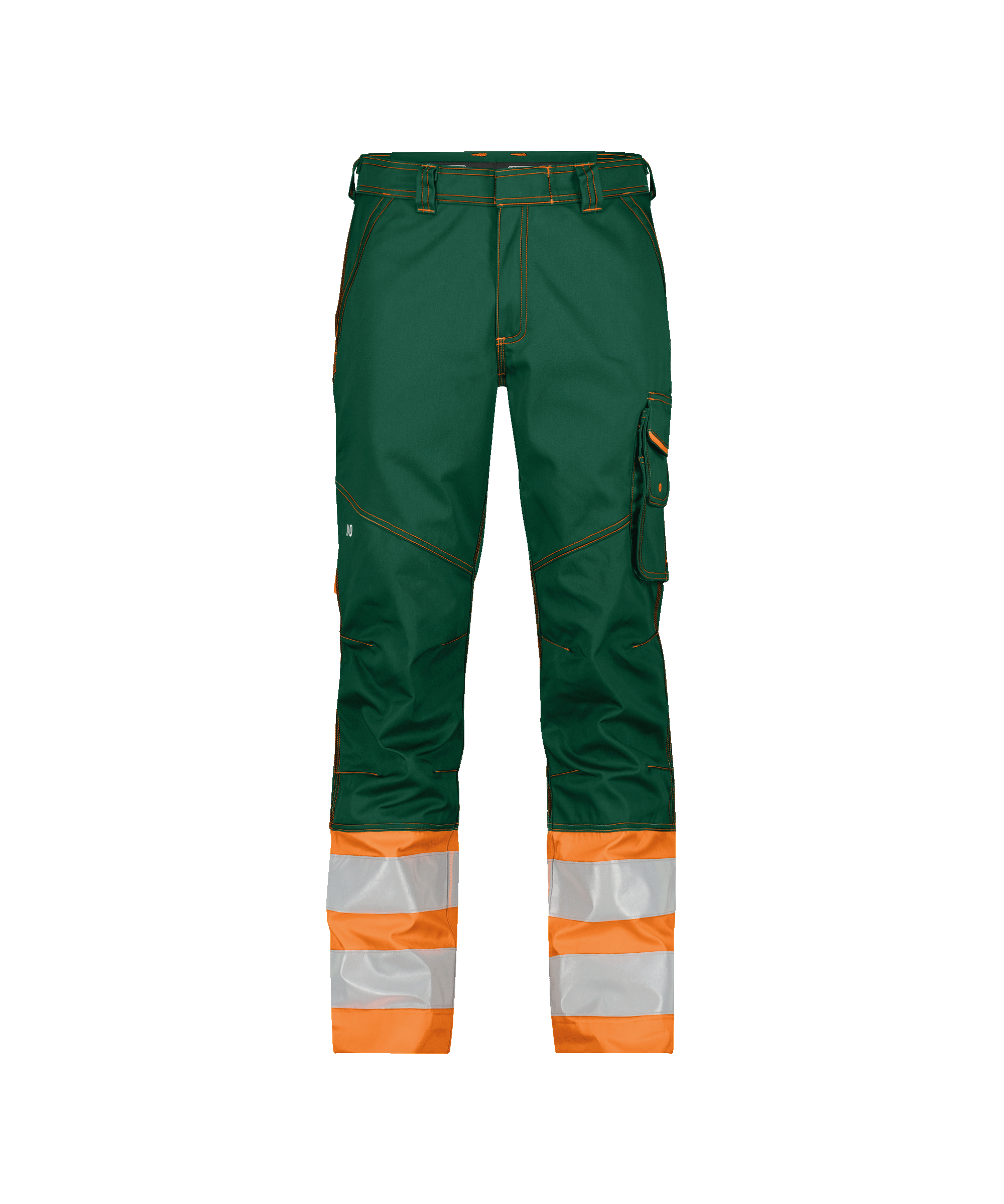 dassy phoenix high visibility work trousers bottle green fluo orange front 