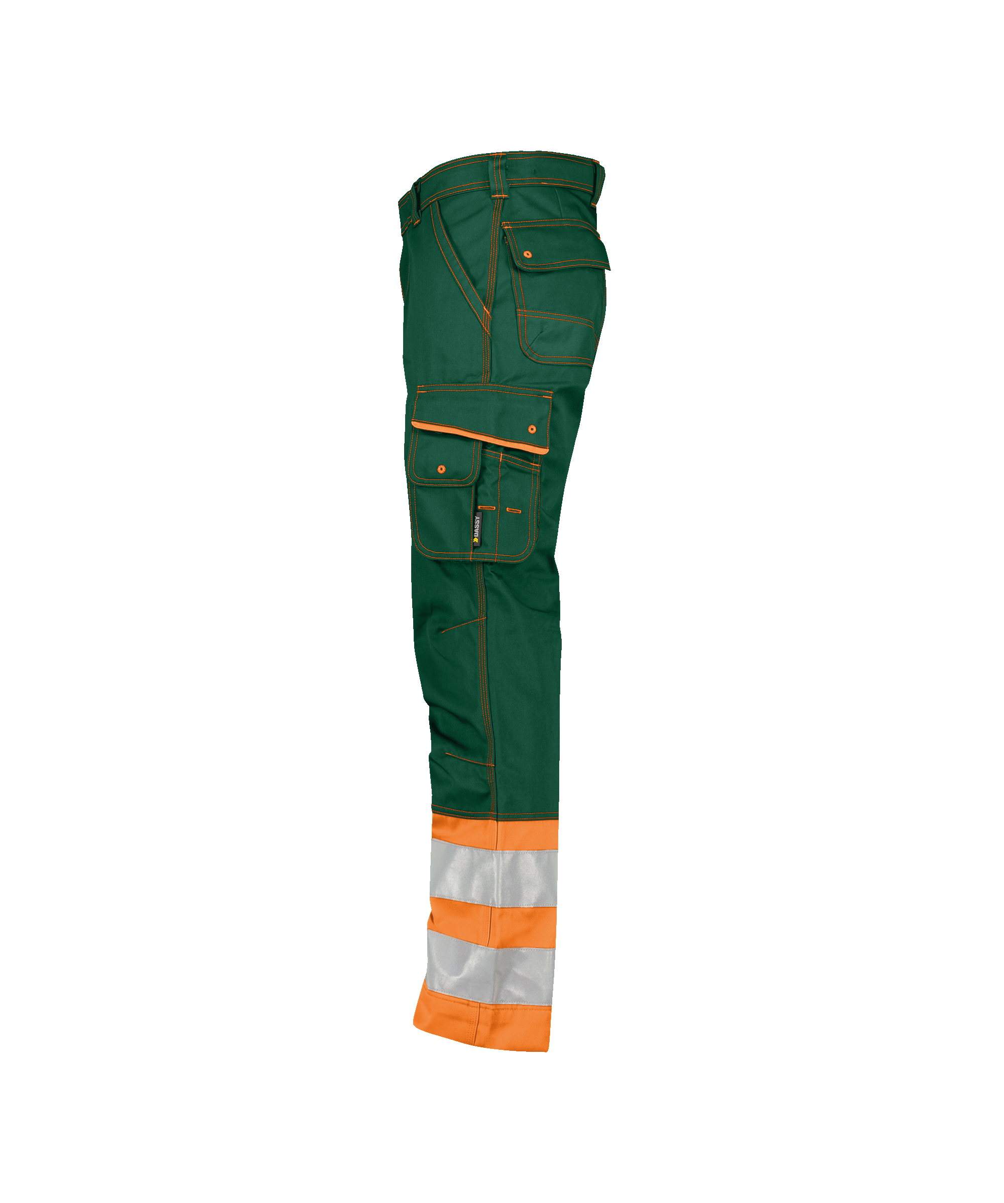 dassy phoenix high visibility work trousers bottle green fluo orange side 