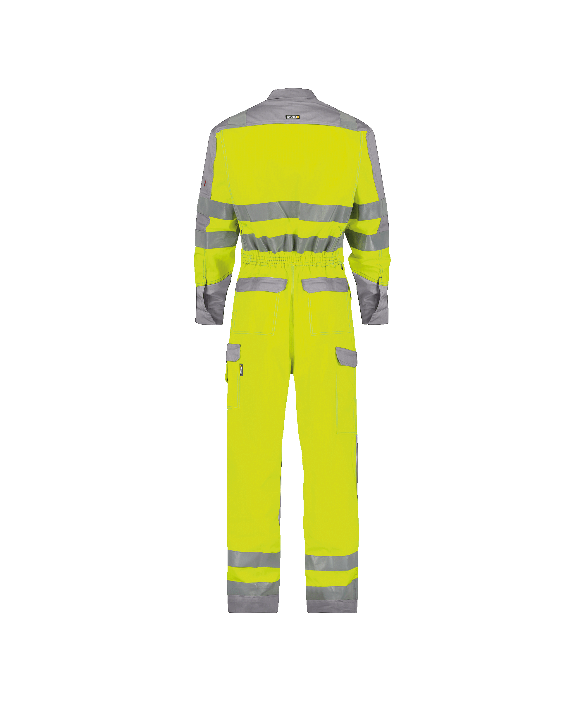 dassy spencer multinorm high visibility overall with knee pockets fluo yellow graphite grey back 