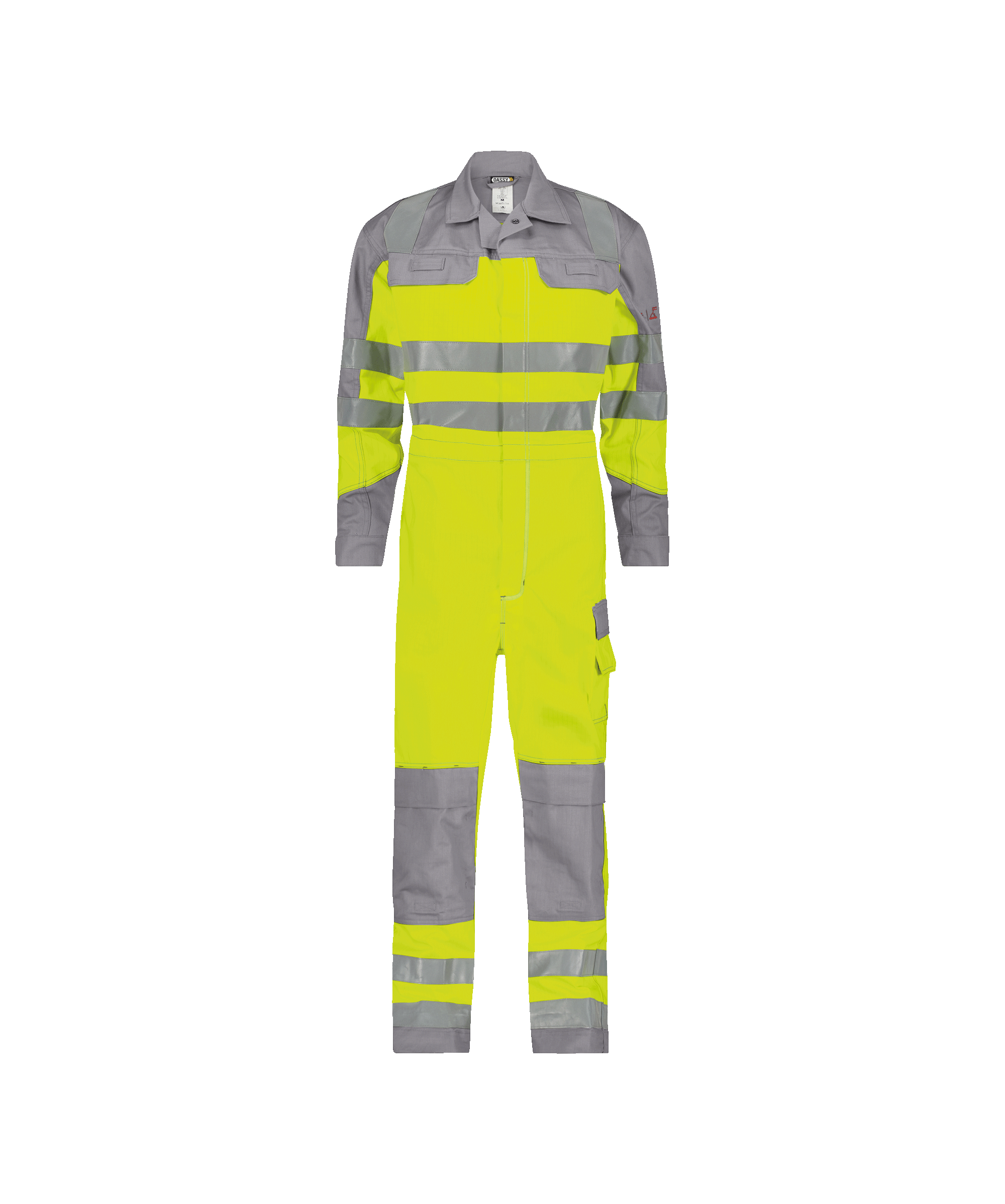 dassy spencer multinorm high visibility overall with knee pockets fluo yellow graphite grey front 