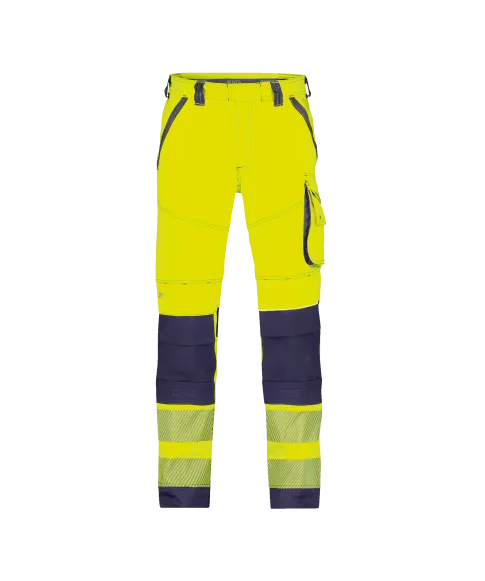 dassy aruba stretch high visibility work trousers with knee pockets fluo yellow navy front 