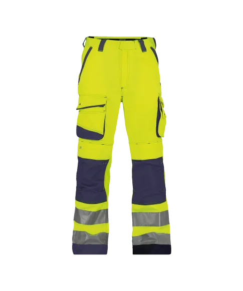 dassy chicago high visibility work trousers with knee pockets fluo yellow navy front 