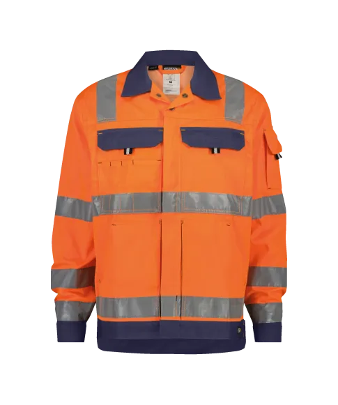 dassy dusseldorf high visibility work jacket fluo orange navy front 
