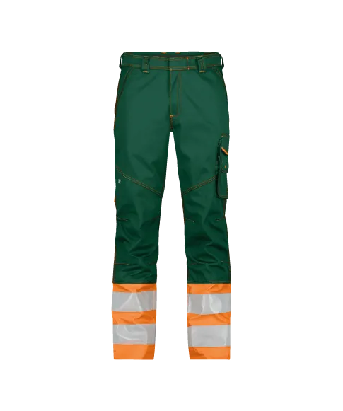 dassy phoenix high visibility work trousers bottle green fluo orange front 