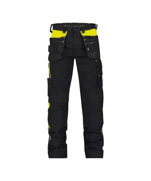 dassy shanghai stretch work trousers with holster pockets and knee pockets black fluo yellow front 