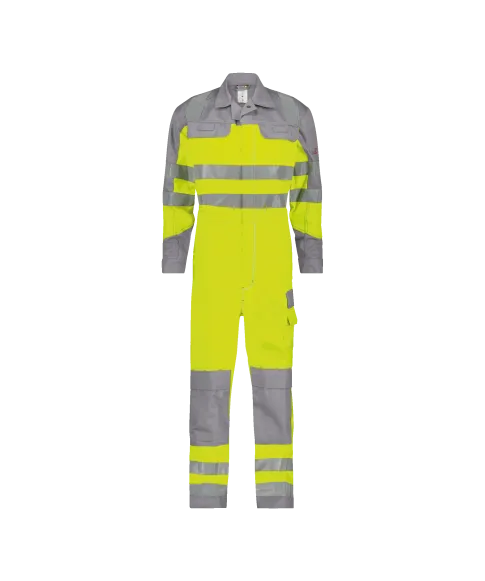 dassy spencer multinorm high visibility overall with knee pockets fluo yellow graphite grey front 